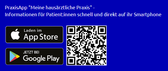 PraxisApp „Meine hausärztliche Praxis“ – Download im App Store und bei Google Play, mit QR-Code